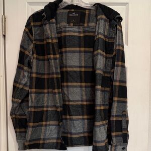 Hollister Men's Black and Tan Plaid hooded flannel